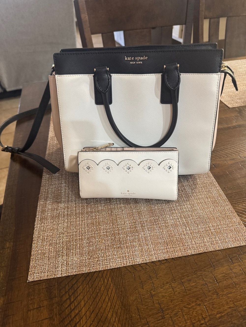 kate spade White, Black & Tan Colorblock Satchel with Wallet